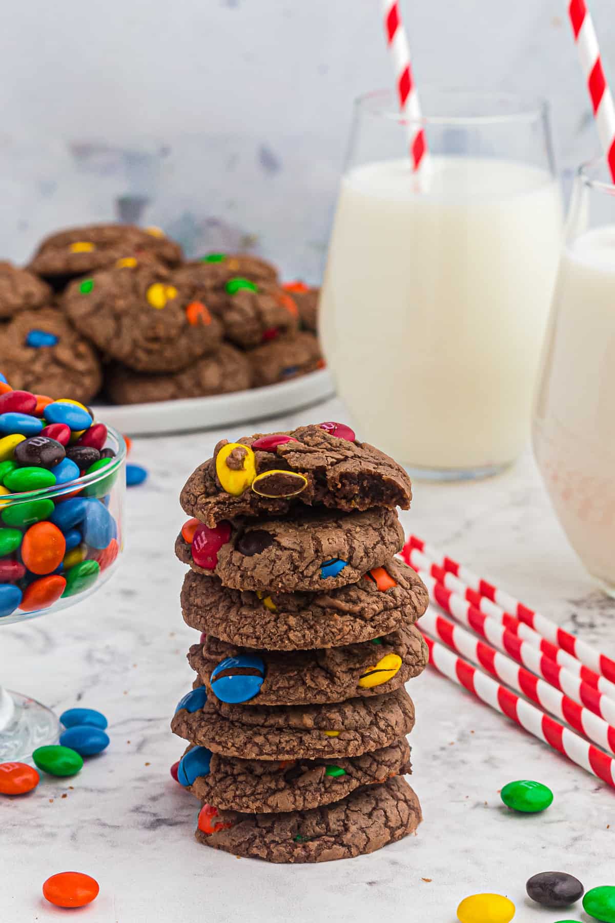 stacked m&m brownie cookies