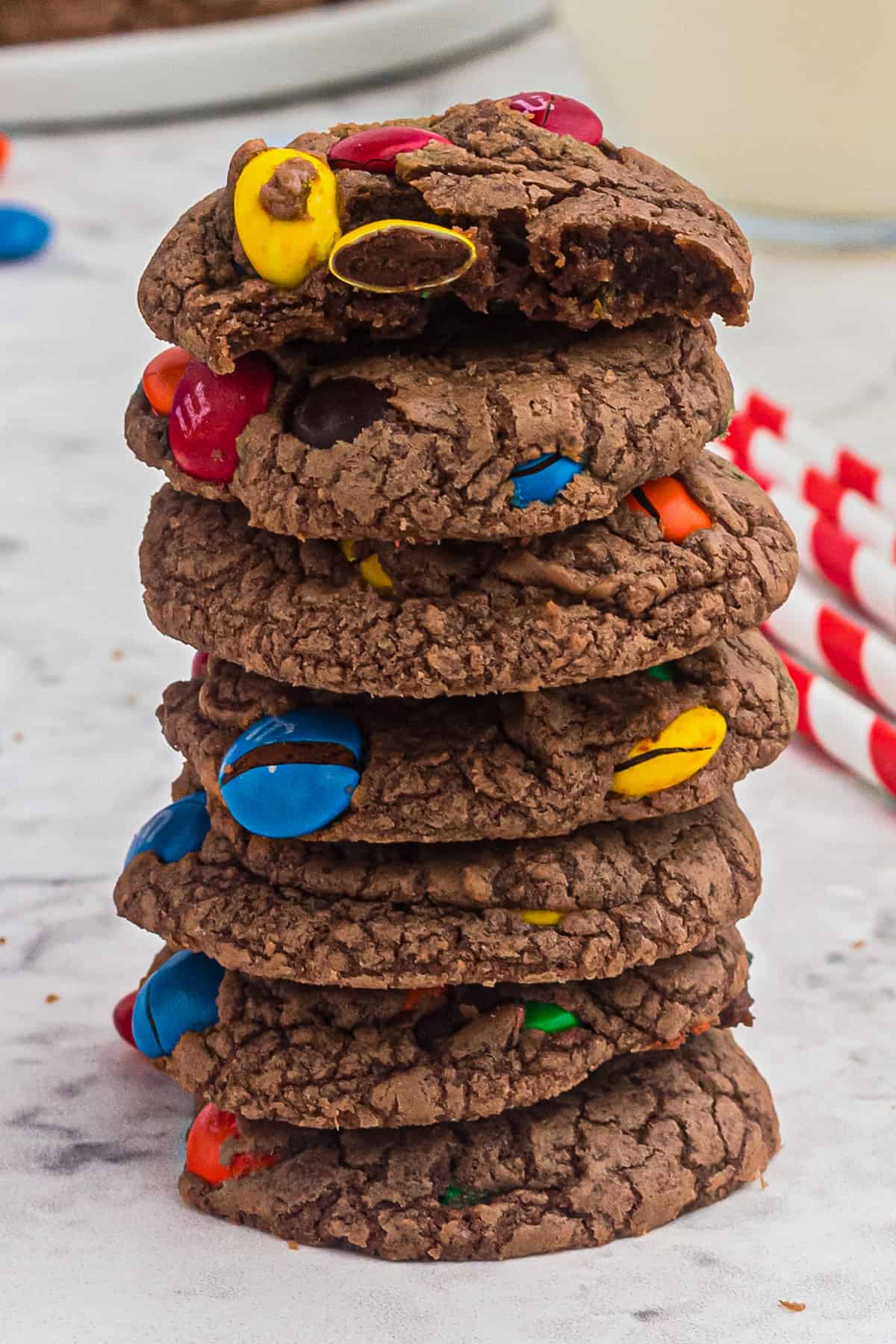 up close stacked m&m brownie cookies