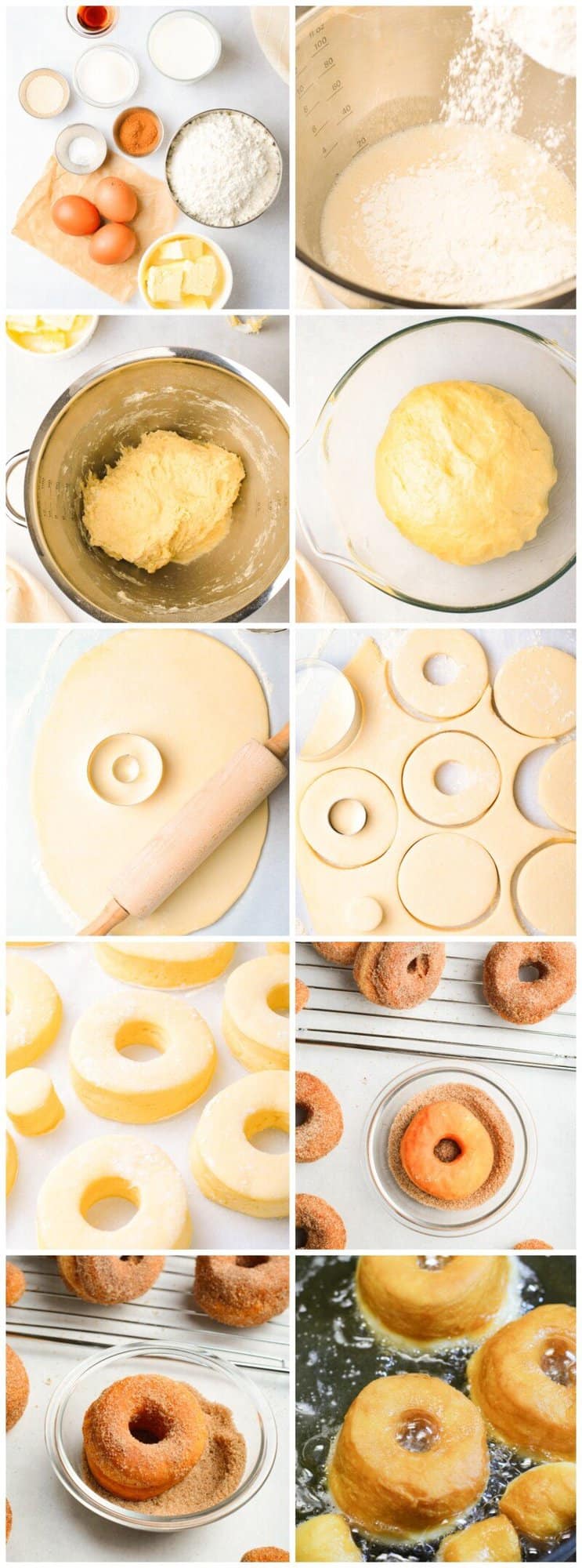 step by step photos for how to make cinnamon sugar donuts.