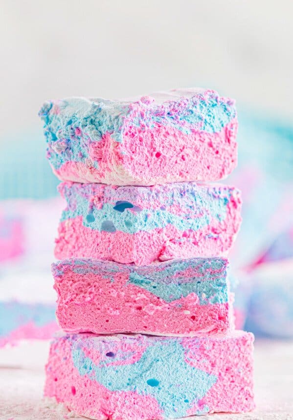 4 cotton candy marshmallows stacked.