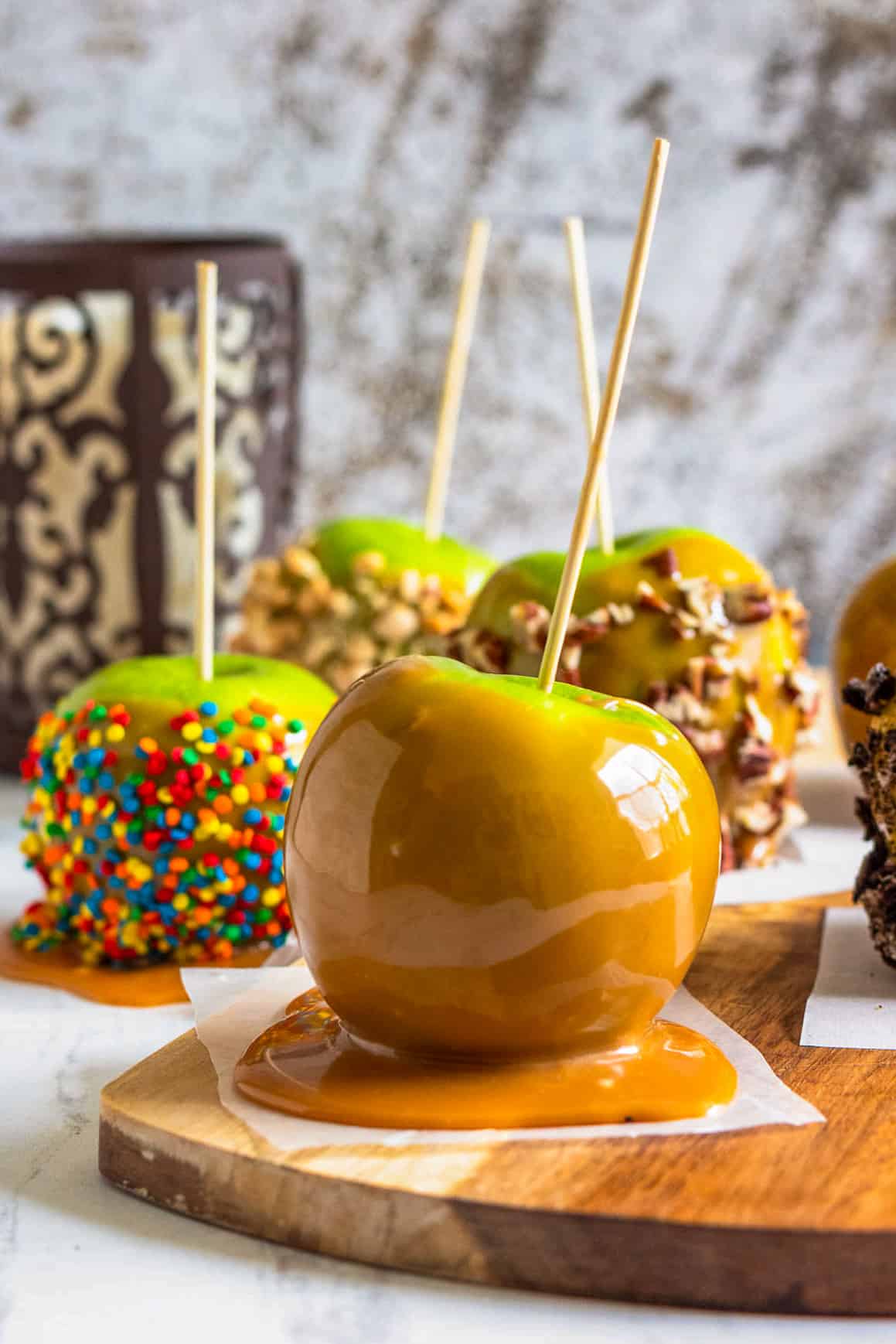 caramel apples on serving tray