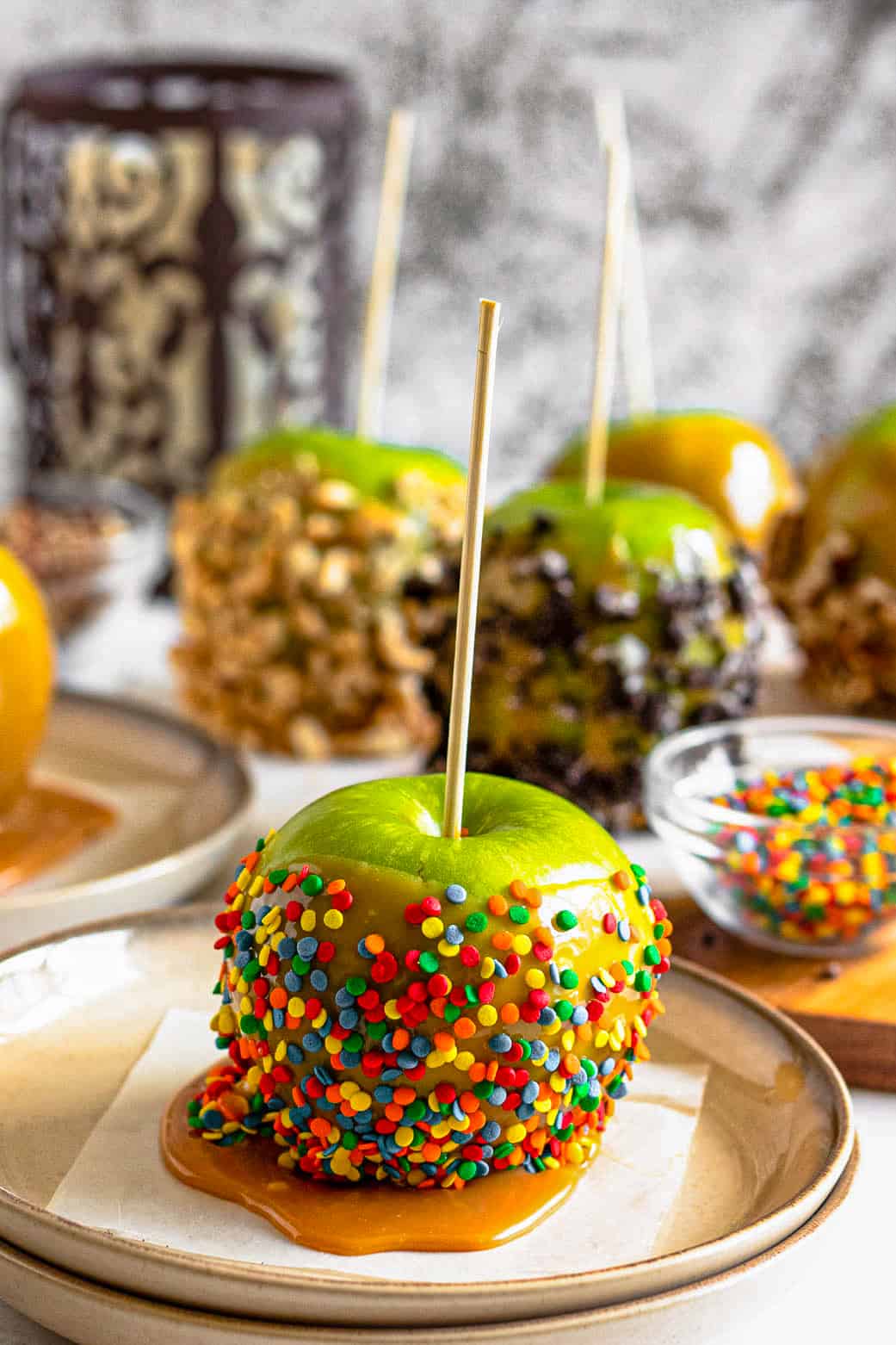 caramel apples on serving tray