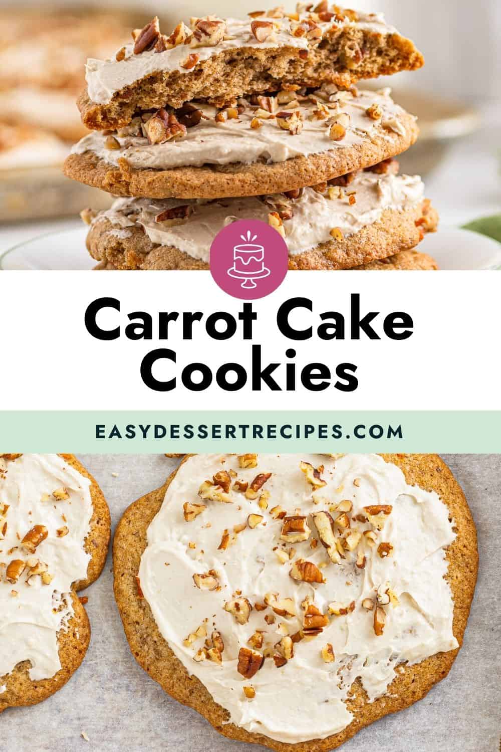 carrot cake cookies are stacked on top of each other.