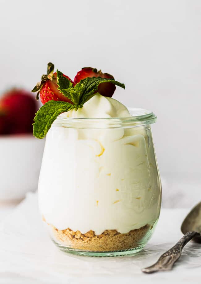 up close cheesecake mousse with strawberries