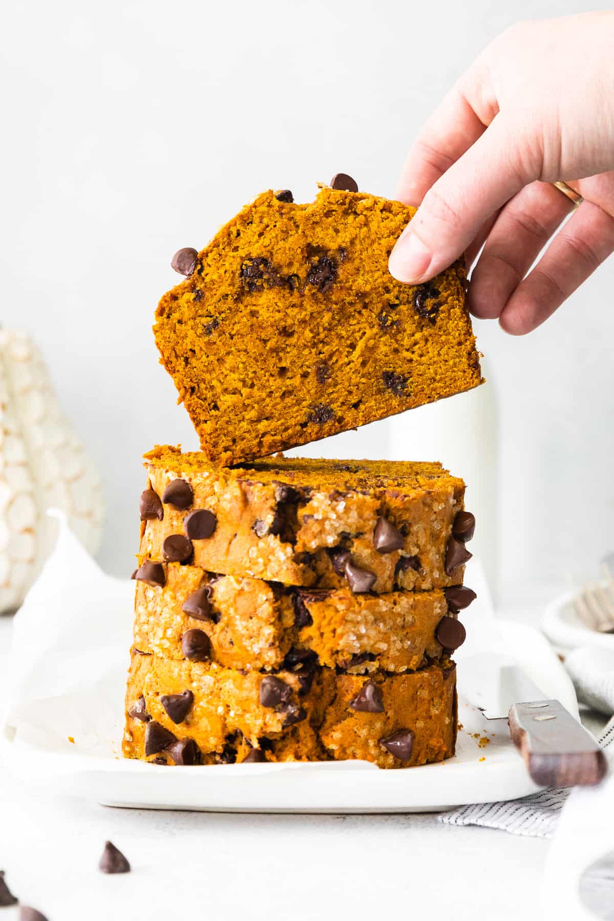 4 stacked slices of chocolate chip pumpkin bread