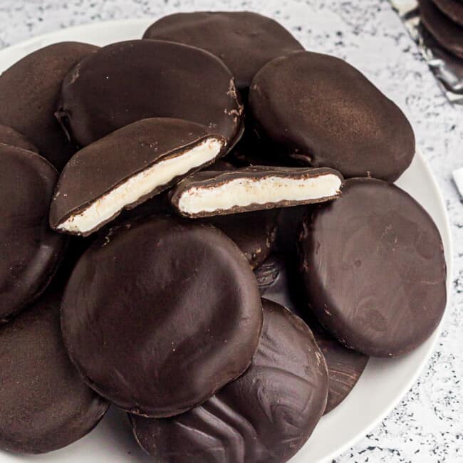 chocolate peppermint patties on white plate