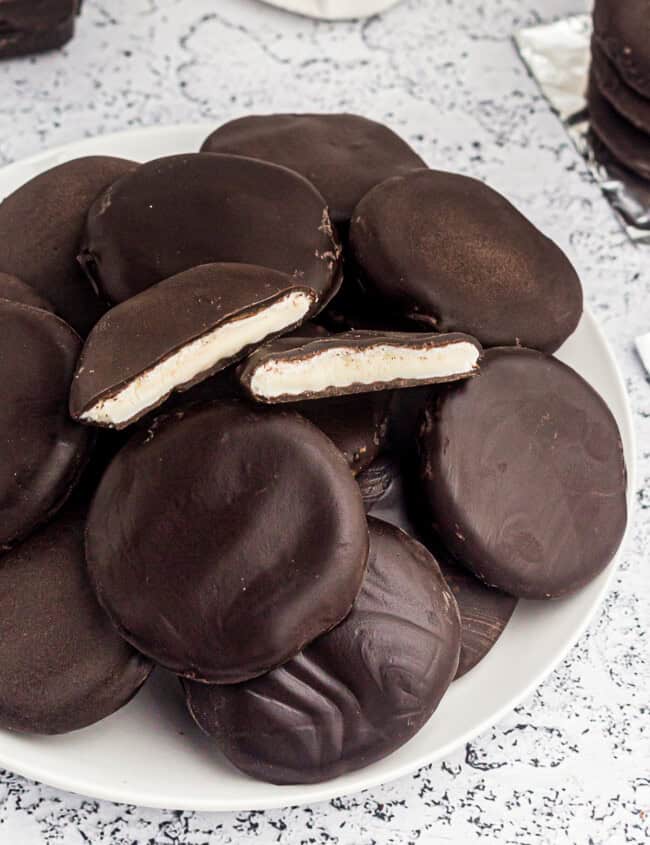 chocolate peppermint patties on white plate