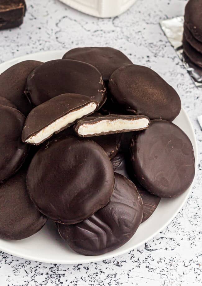chocolate peppermint patties on white plate