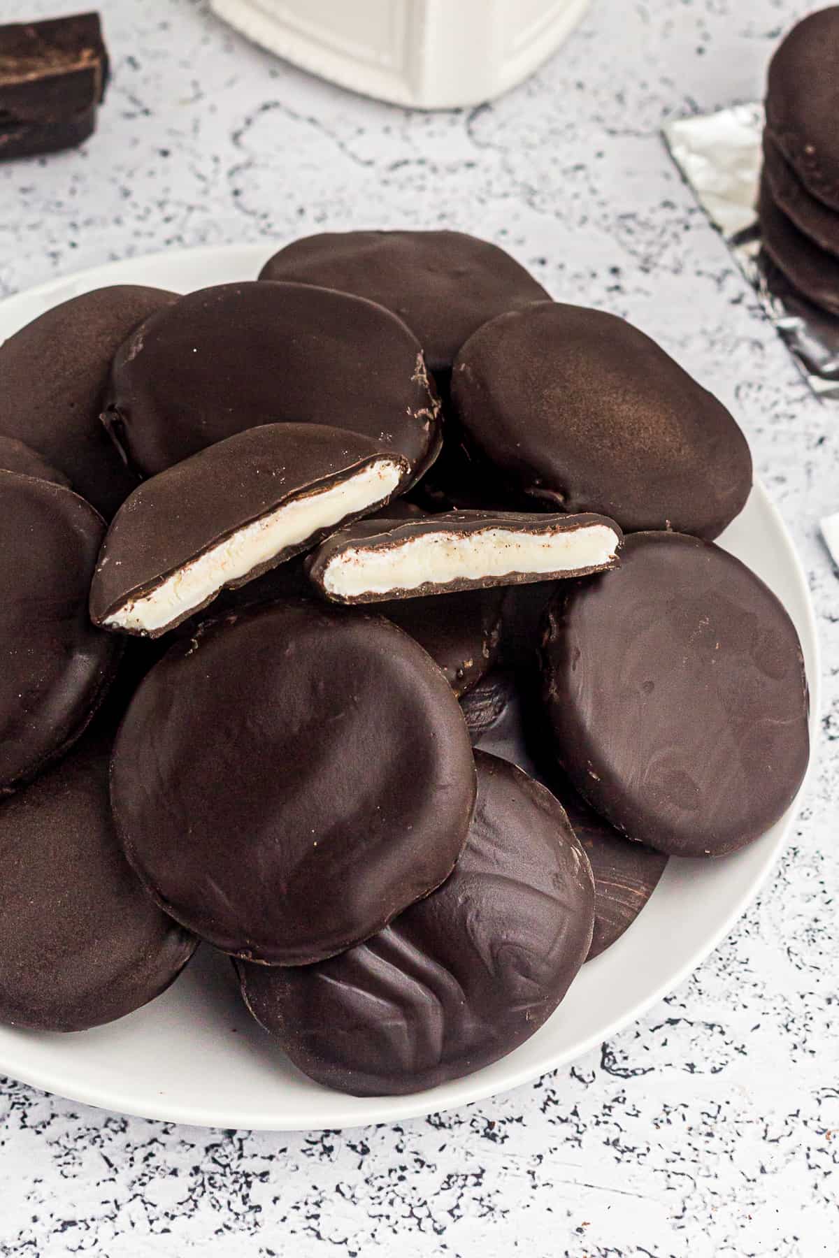 chocolate peppermint patties on white plate