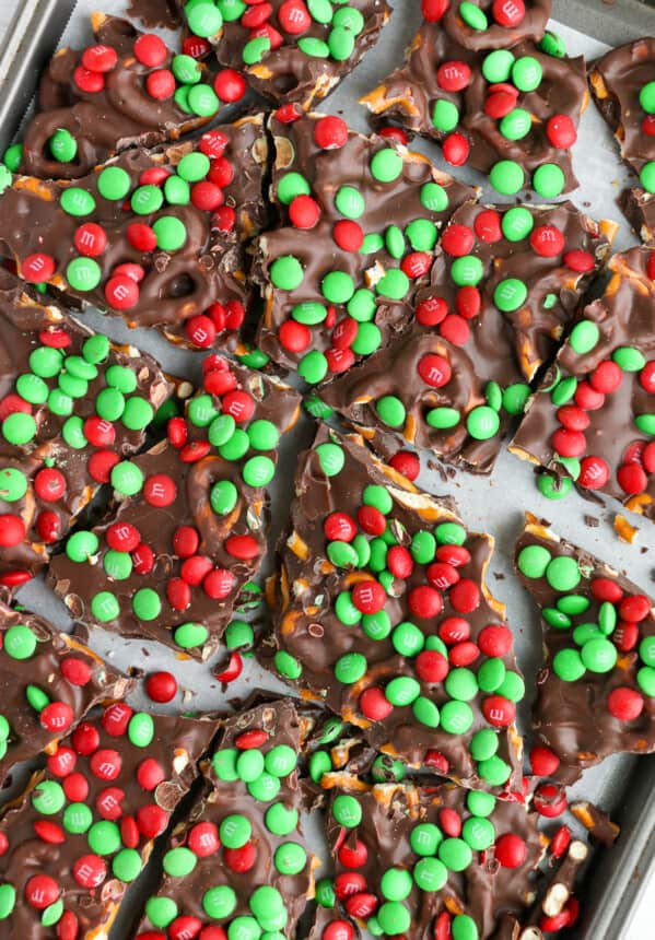 m&m chocolate pretzel bark on cookie sheet