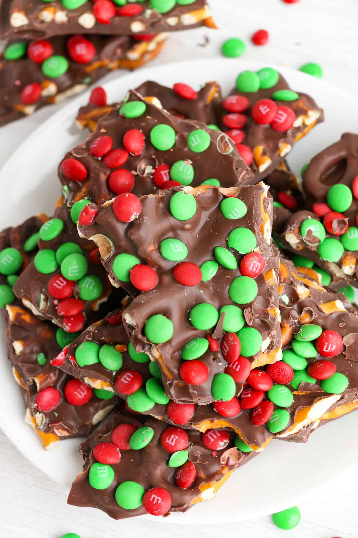 platter with m&m chocolate pretzel bark