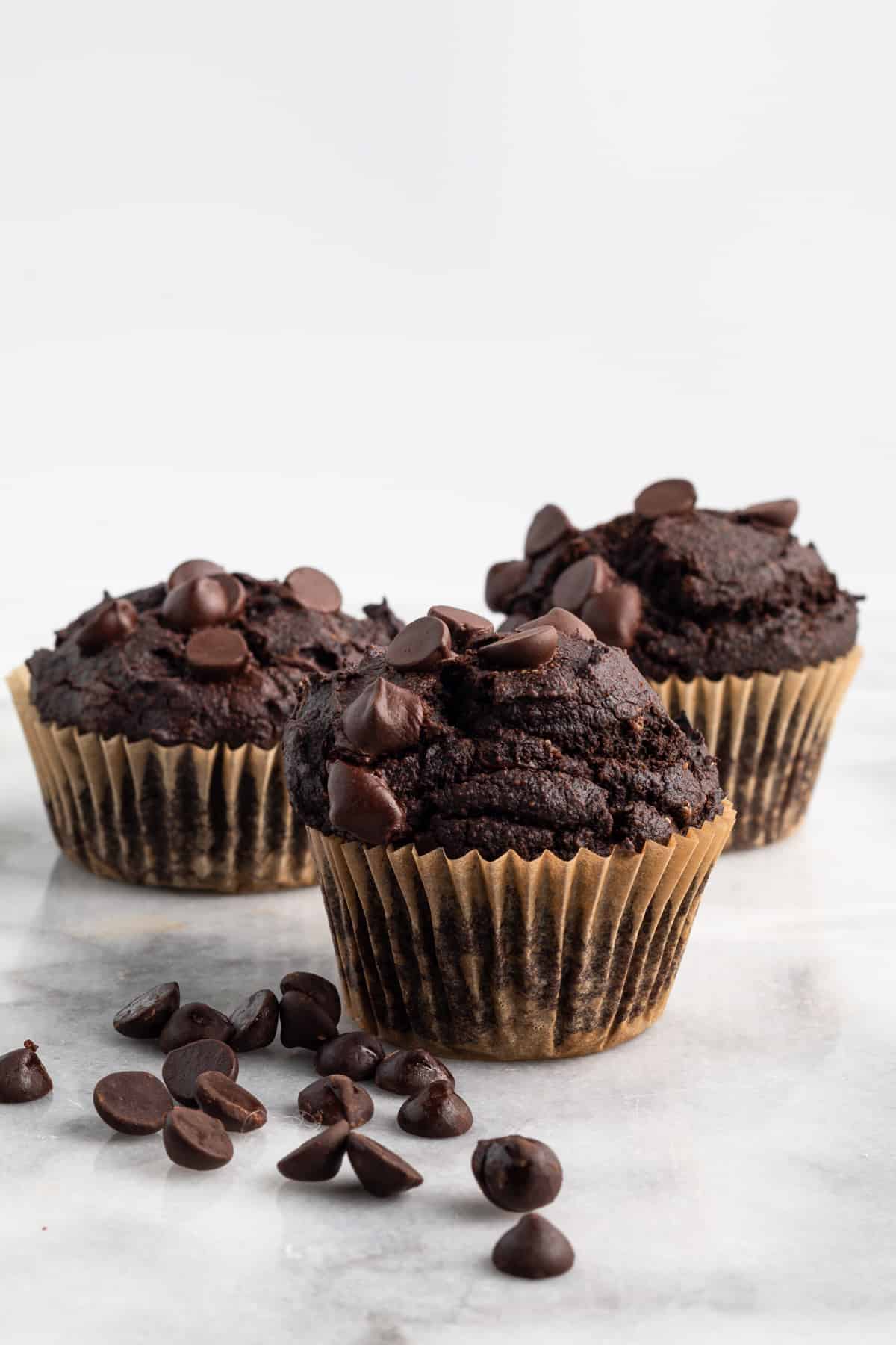 double chocolate blender muffins on marble