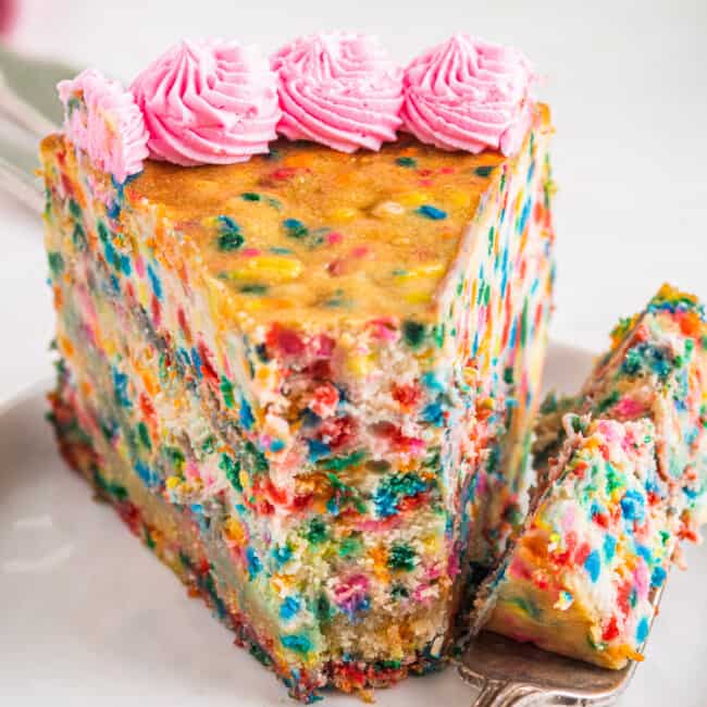up close funfetti cheesecake with bite out
