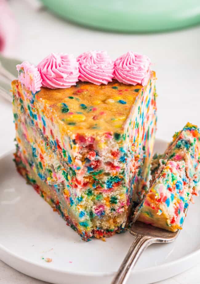 up close funfetti cheesecake with bite out