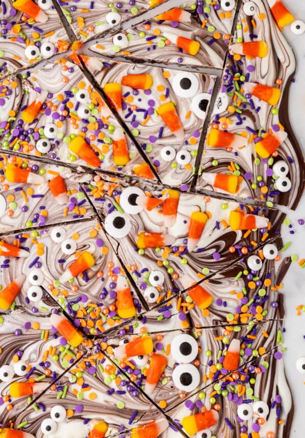 halloween chocolate bark with monster eyes broken apart