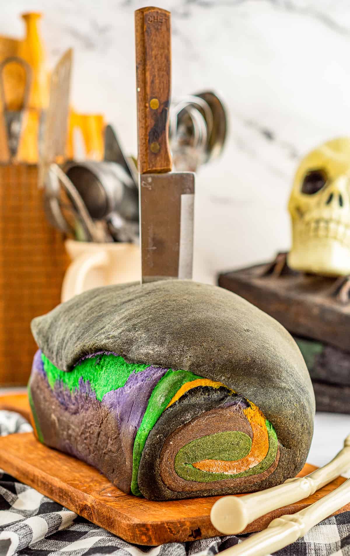 swirled halloween sandwich bread with knife