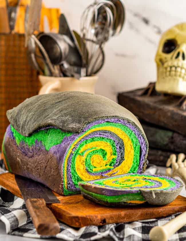 loaf of swirled halloween bread