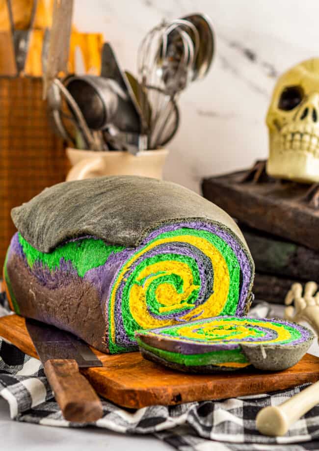 loaf of swirled halloween bread