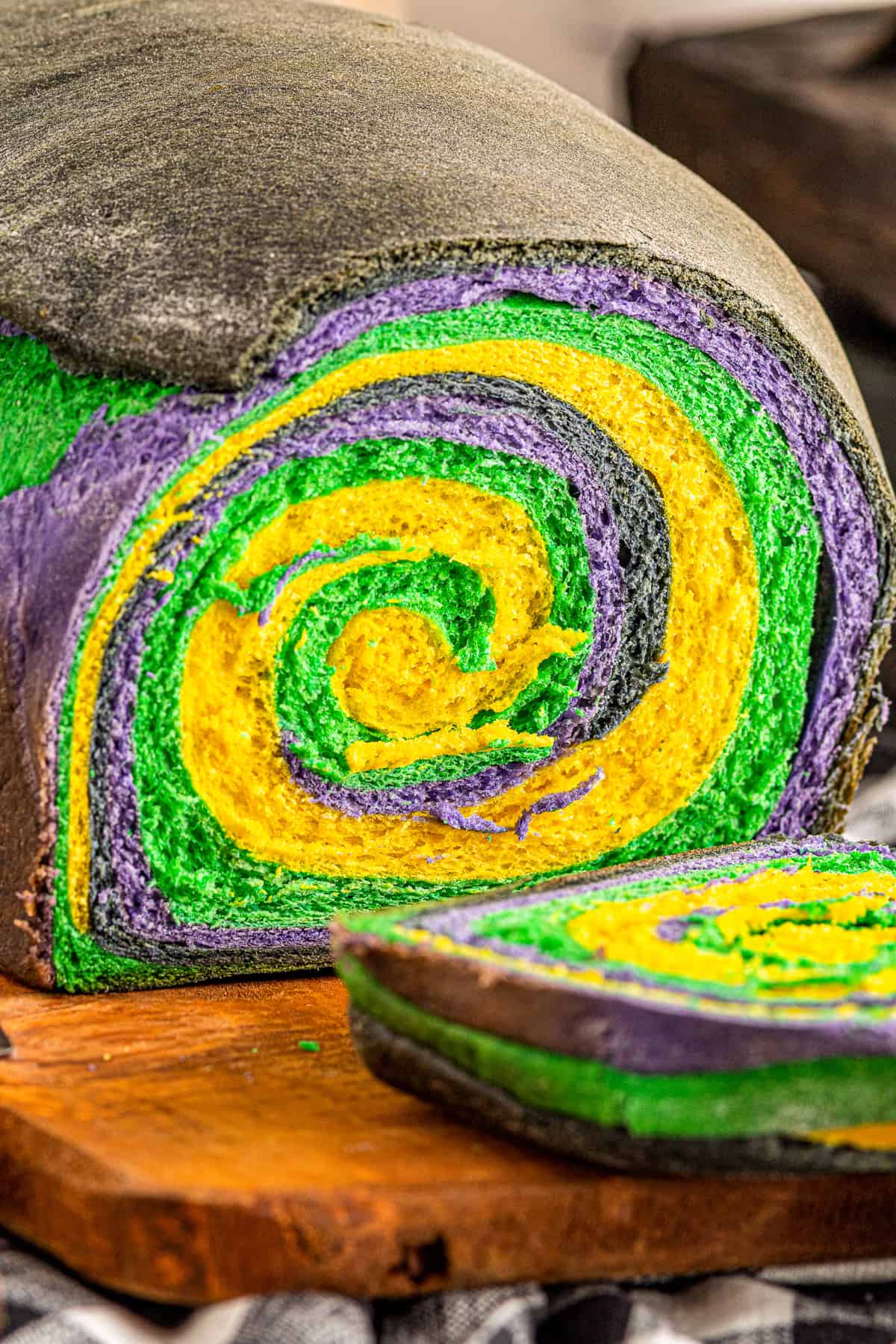 up close loaf of swirled halloween bread