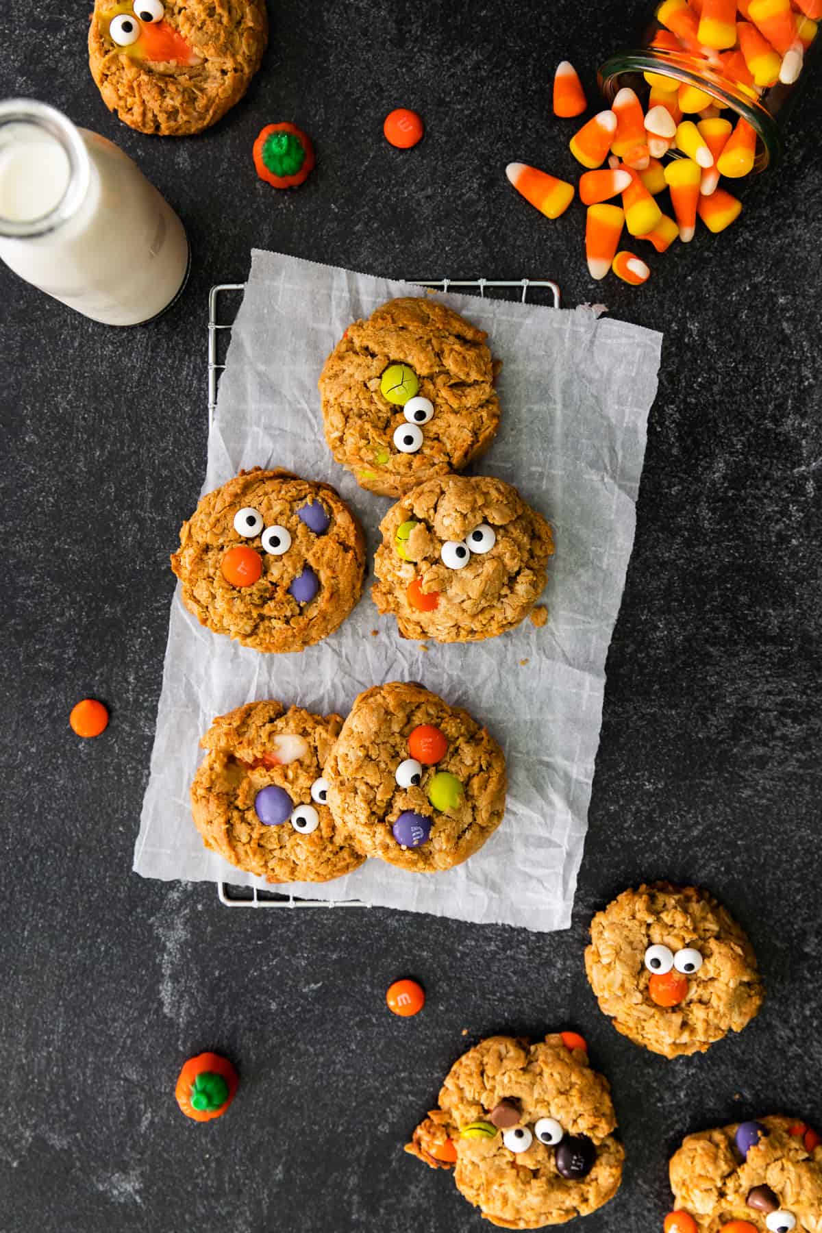 halloween monster cookies on cooling rack