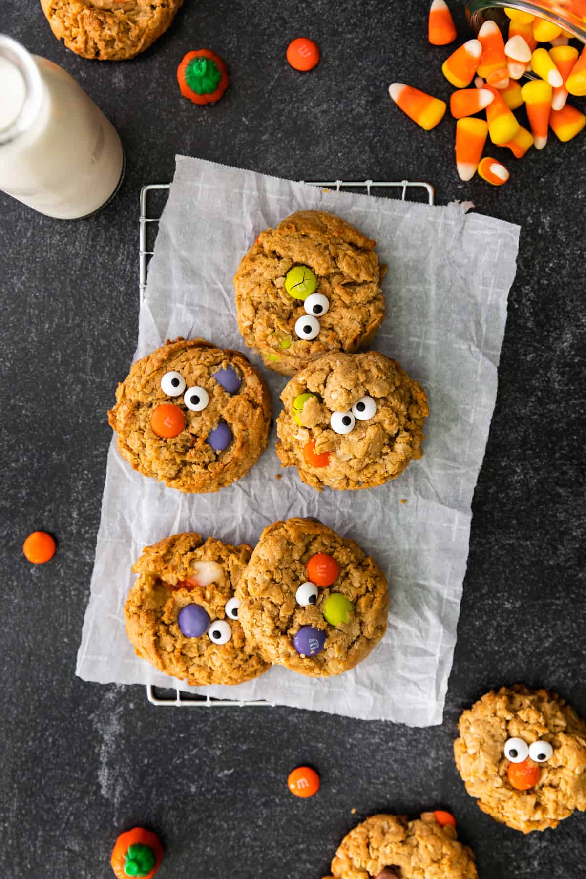 halloween monster cookies on cooling rack
