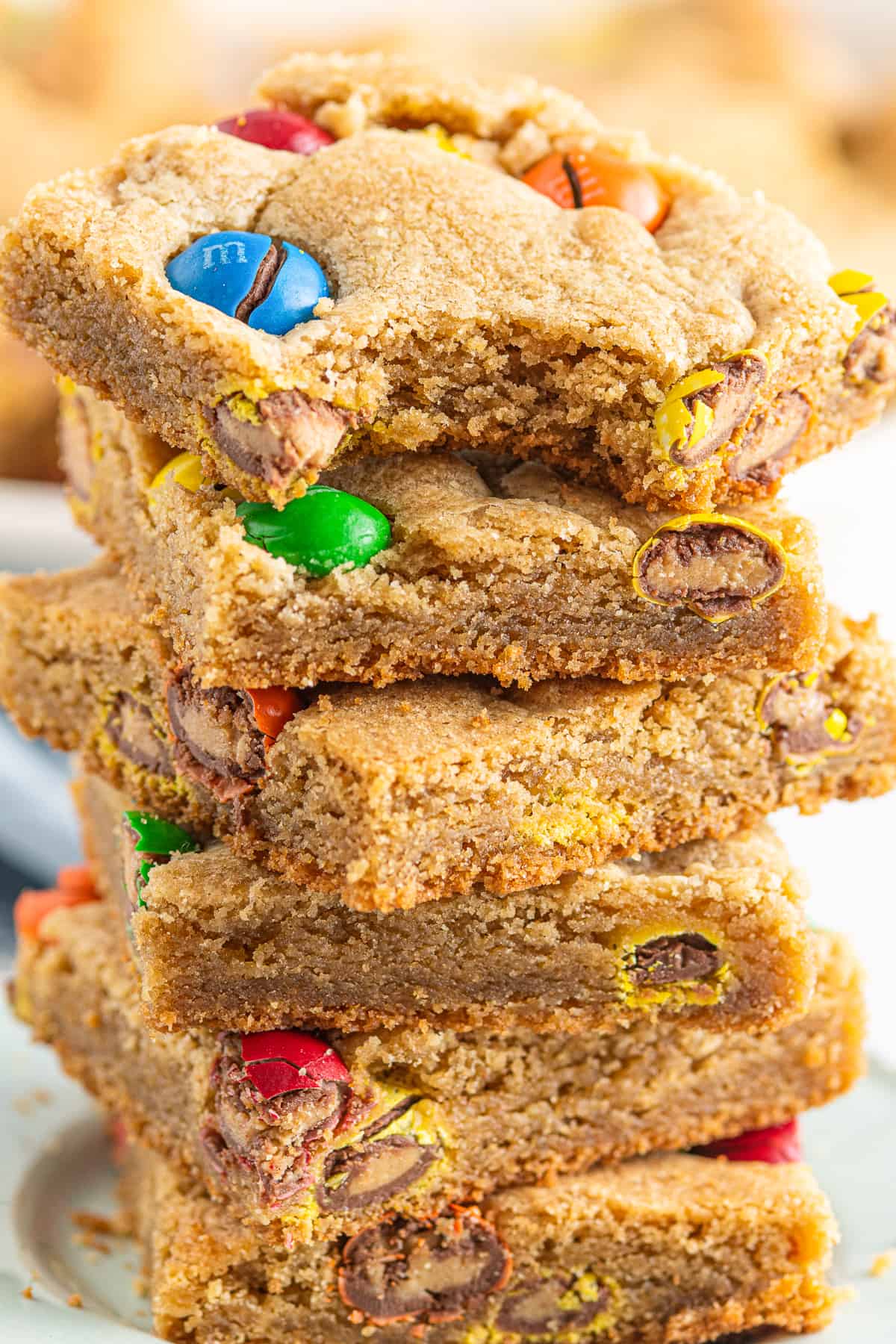 up close stacked m&m peanut butter blondies