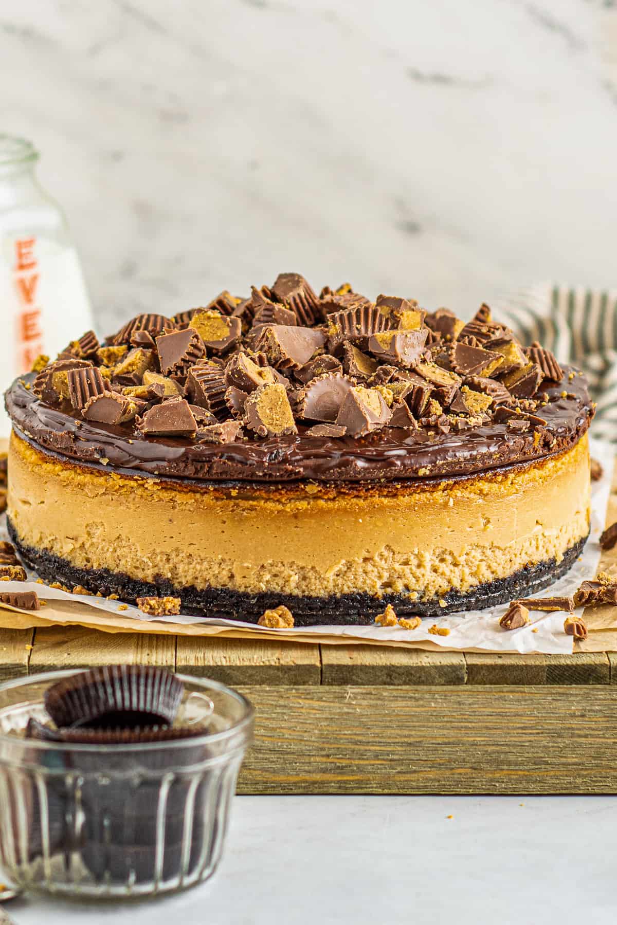 side angle of peanut butter cup cheesecake