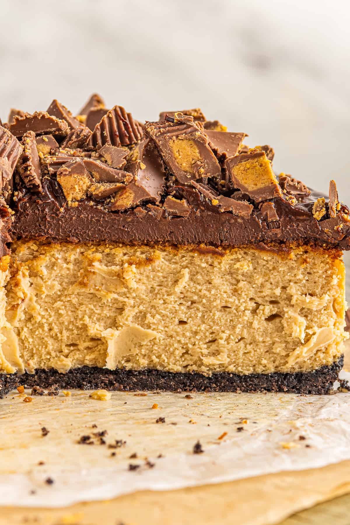 up close inside of peanut butter cup cheesecake