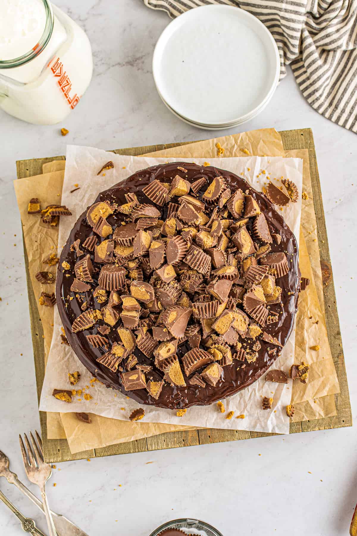 overhead peanut butter cup cheesecake on parchment