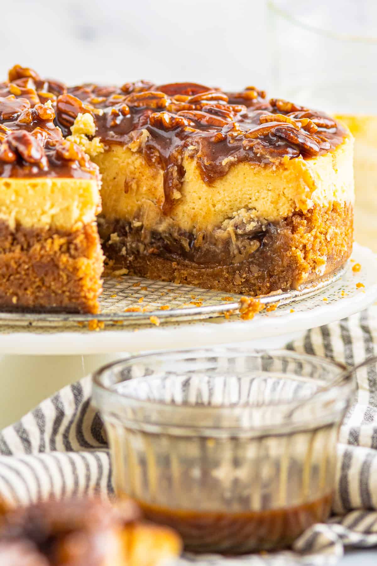 slice out of pecan pie cheesecake
