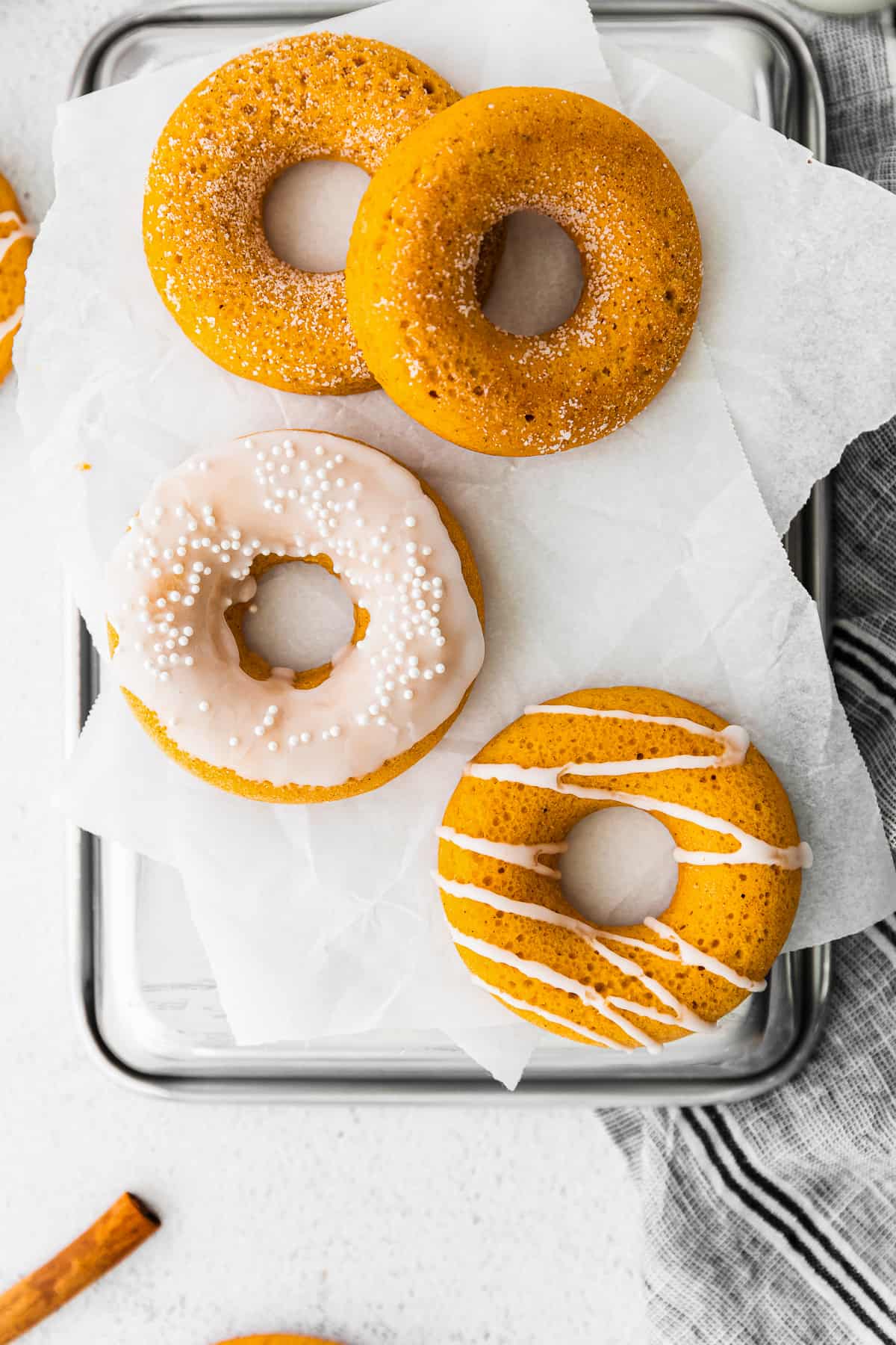 overhead frosted baked pumpkin donuts