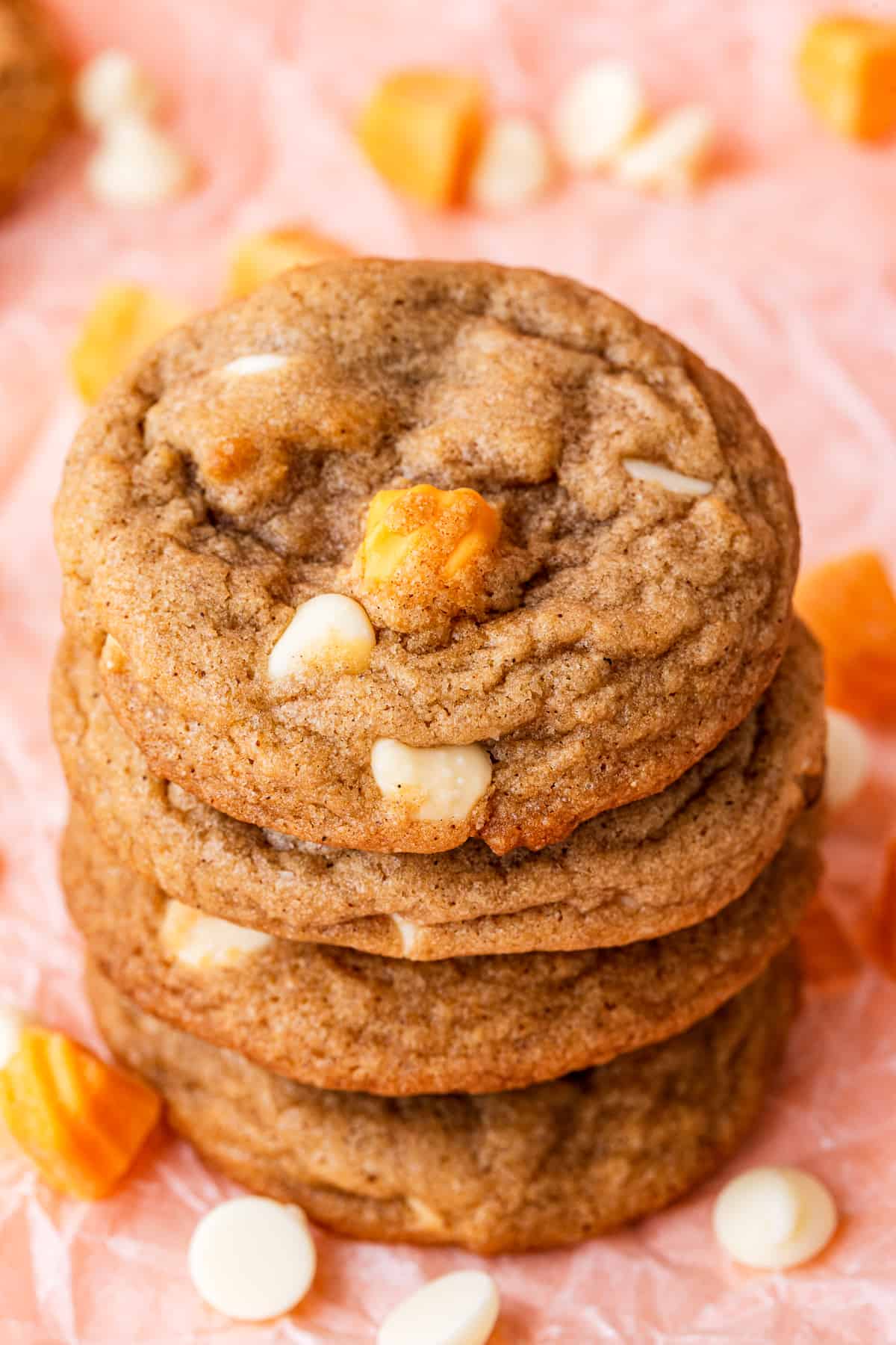 stacked pumpkin spice cookies with white chocolate chips