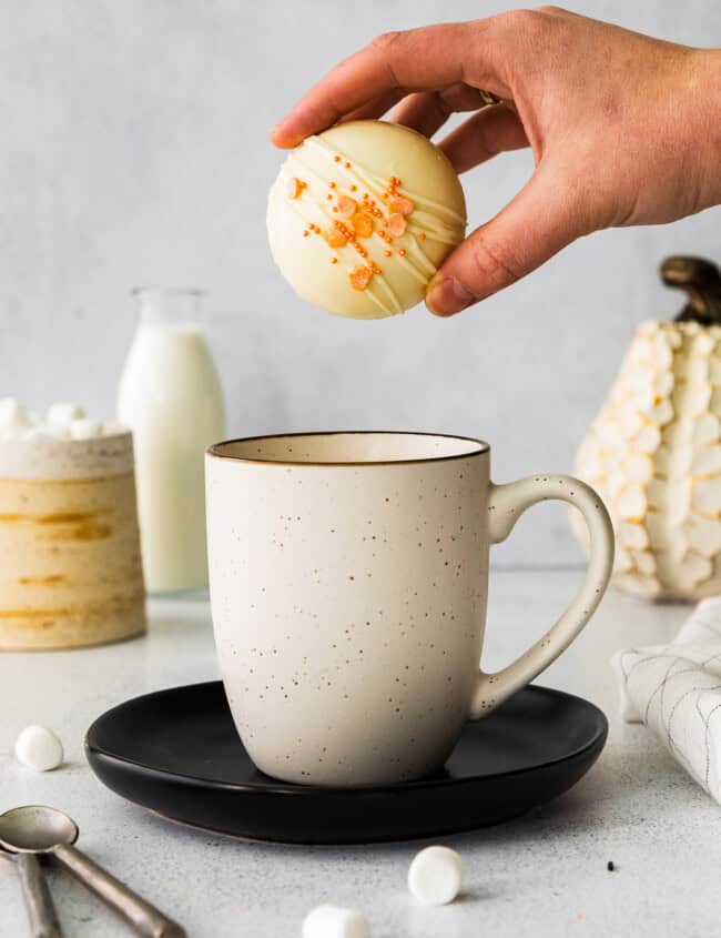 pumpkin hot cocoa bomb in mug