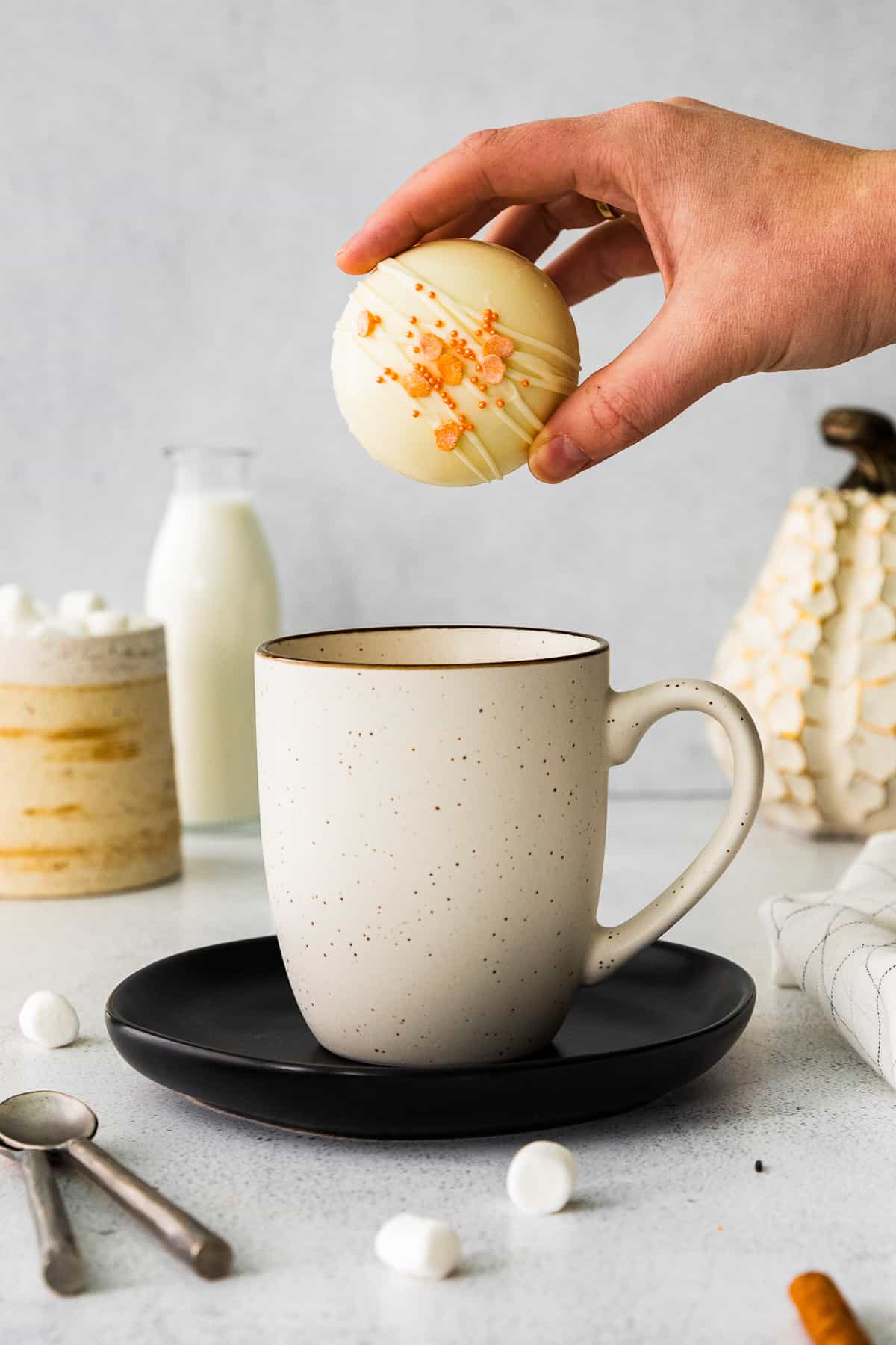 pumpkin hot cocoa bomb in mug