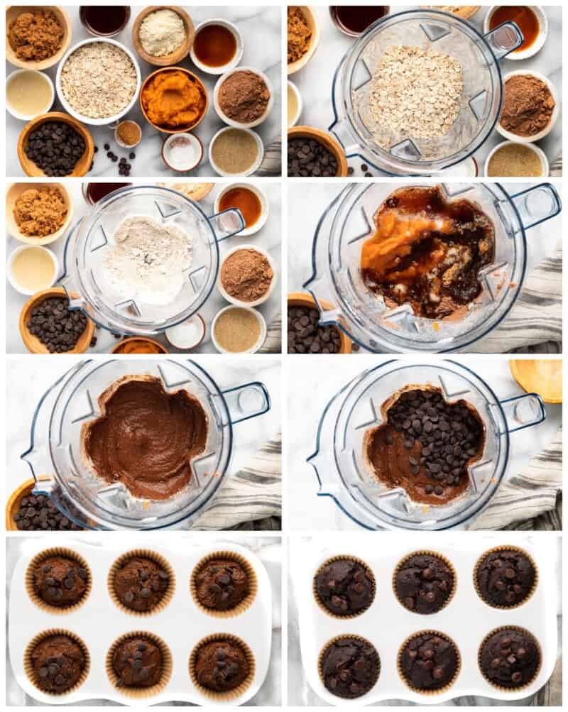 step by step photos for how to make double chocolate pumpkin blender muffins