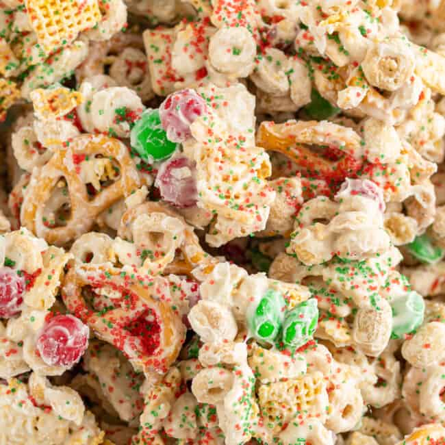 up close christmas chex mix in white bowl