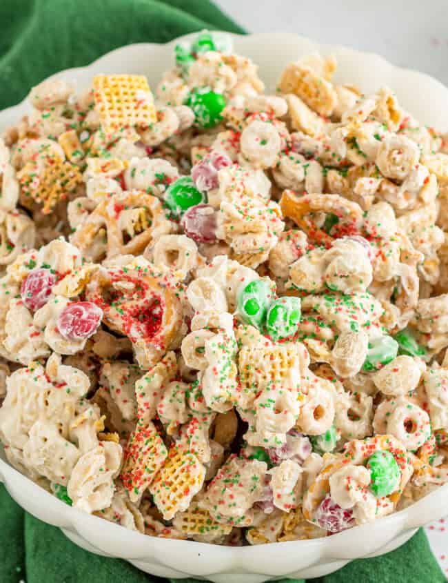 up close christmas chex mix in white bowl