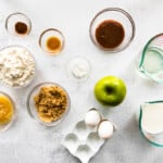 overhead image of ingredients for caramel apple cupcakes in bowls