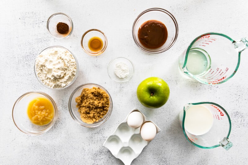overhead image of ingredients for caramel apple cupcakes in bowls