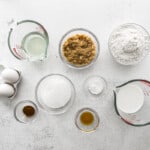 overhead image of ingredients for pecan pie cupcakes in bowls