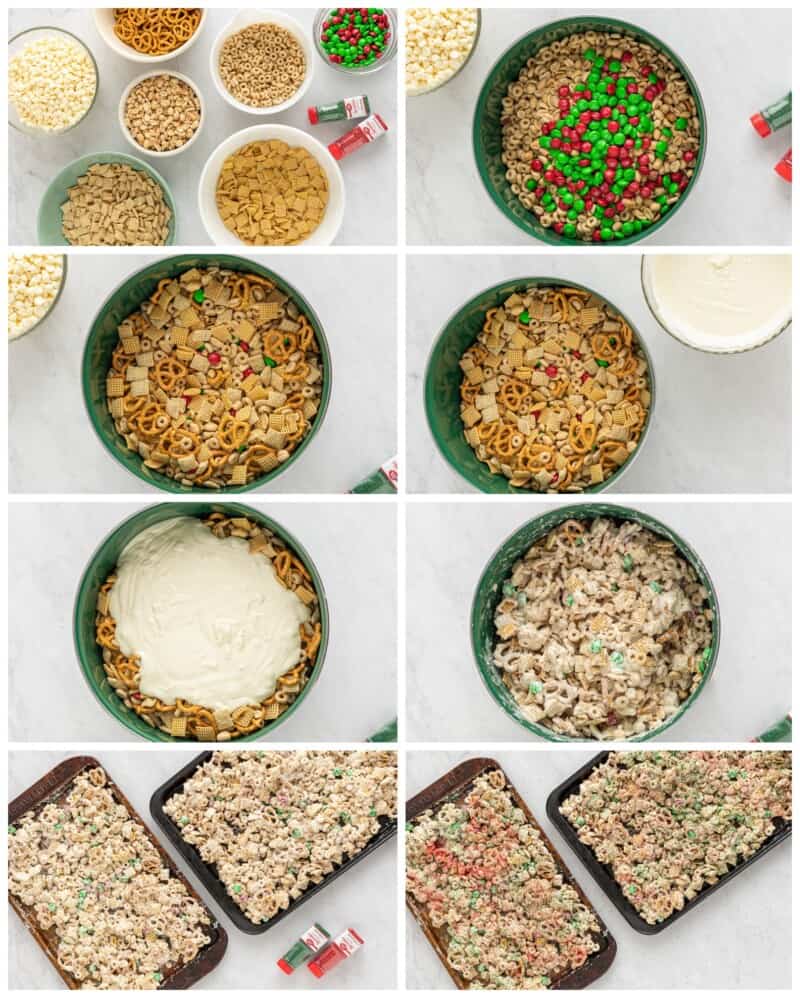 step by step pictures for how to make christmas crack chex mix