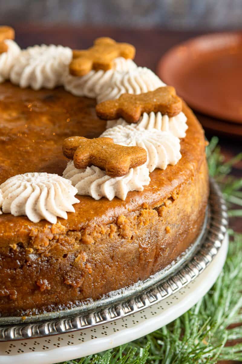 close up of gingerbread cheesecake on a gray cake stand.