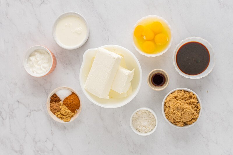overhead view of ingredients for gingerbread cheesecake.