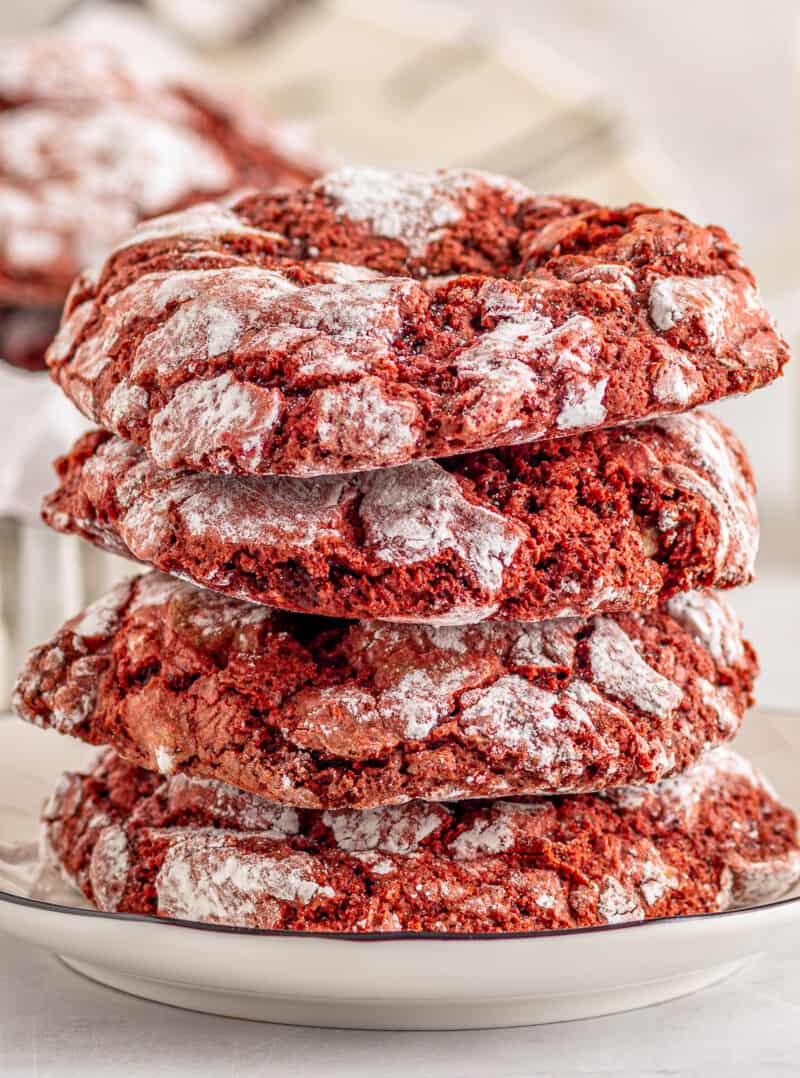 stack of 4 cheesecake stuffed red velvet cookies