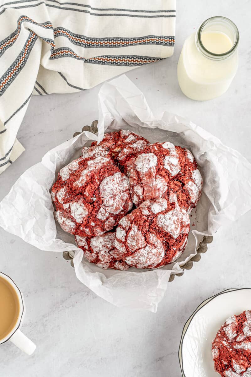 cheesecake stuffed red velvet cookies in a serving bowl
