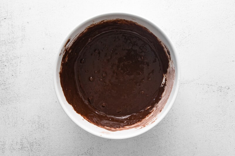 chocolate cupcake batter in a white bowl
