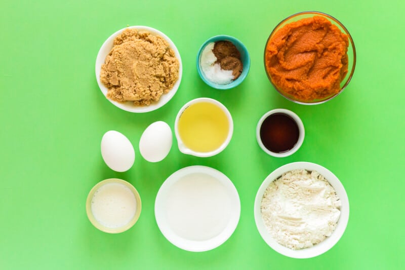 ingredients for pumpkin cupcakes in bowls