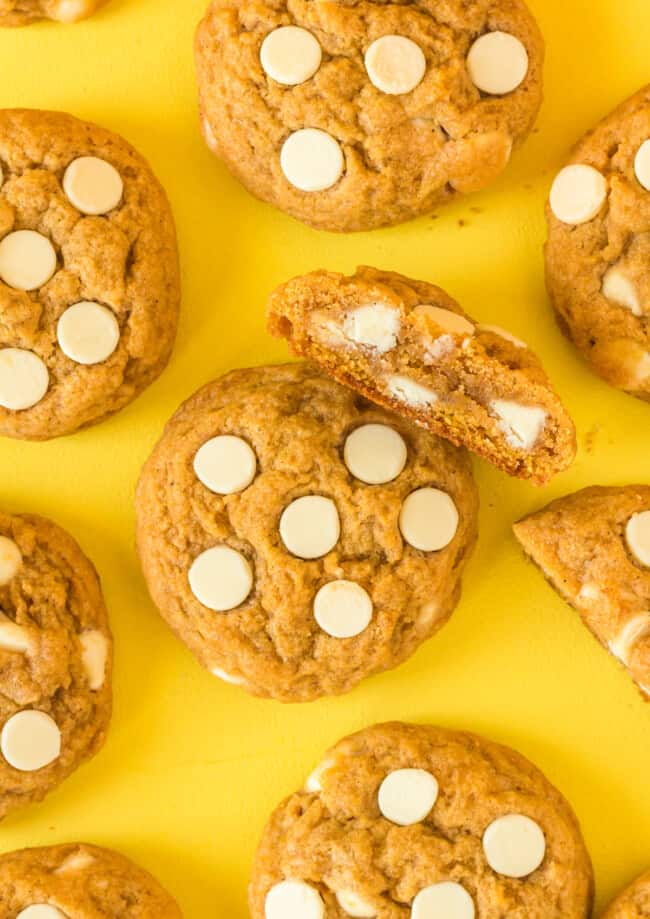 overhead image of pumpkin pudding cookies with white chocolate chips