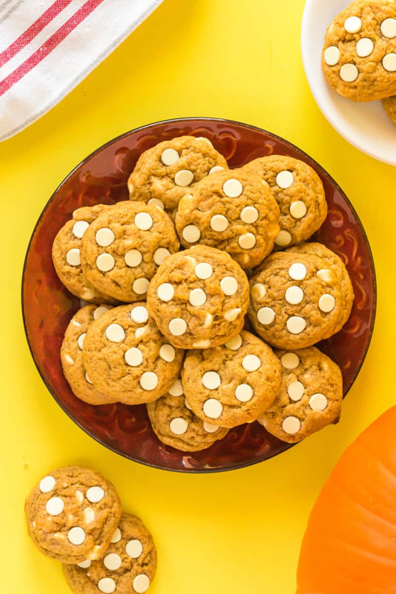 pumpkin pudding cookies with white chocolate chips on a plate