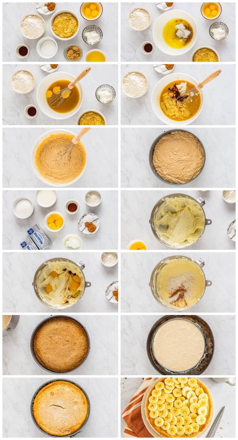 step by step photos for how to make banana bread cheesecake